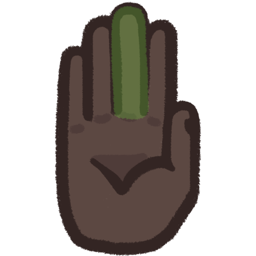 a dark-skinned hand, palm outward. the middle finger is highlighted green